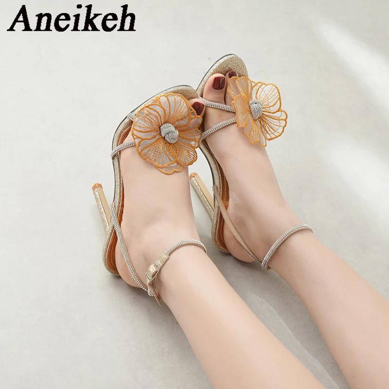 Aneikeh Summer Fashion Crystal Flower Open Toe Rhinestone High Heels Gladiator Sandal Female Elegant Women Wedding Prom Shoes