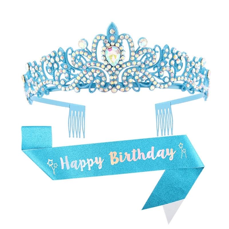 Fashionable 2pcs Rhinestones Tiaras Headband and Sash Hairpiece Hair Accesories for Women’s Birthday Party Accessories