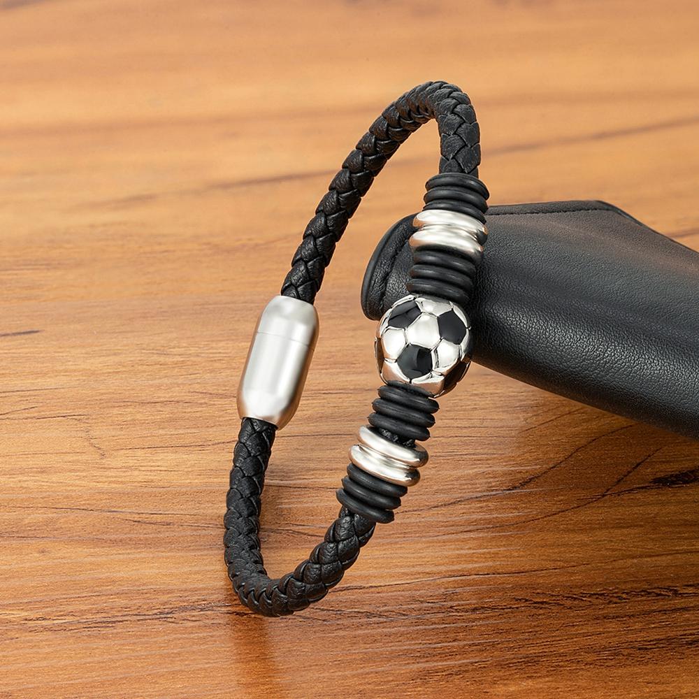 Sports Style Football Design Stainless Steel Button Woven Leather Men's Bracelet World Cup Gift Campus Gym Accessories