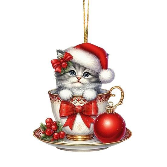 Acrylic Teacup Cat Hanging Ornaments Cute Cartoon Cat Christmas Ornament 2D Flat Car Mirror Charm for Christmas Tree Decoration KTY