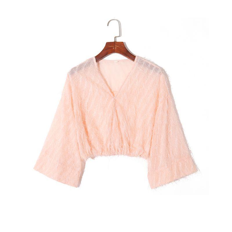 

2024 Summer Women s Clothing K-style Fresh Pure Color Elegant V Neck Pullover Drop-Shoulder Sleeve Loose Youthful Short Shirt Pink M