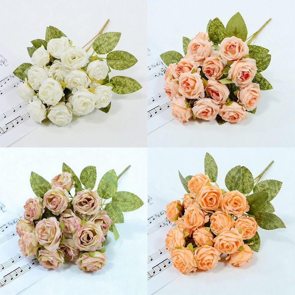 Silk Petals Rose Artificial Flowers 15 Heads Faux Flower Holding Bouquet Flower Home Decoration