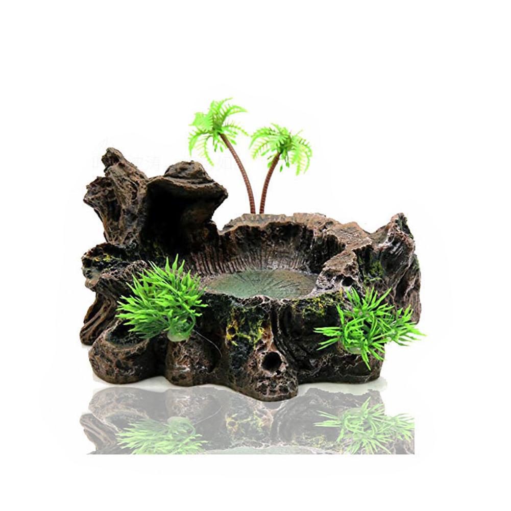 Reptile Food Feeding Bowl Water Dish Artificial Tree Trunk Moss Decor For Turtle Lizard Gecko Snake