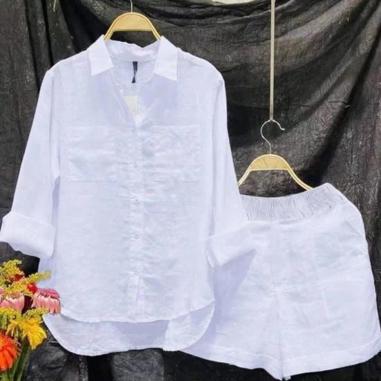 2 Pcs/Set Women Shirt Shorts Set Solid Color Loose Long Sleeves Elastic Waist Single-breasted Patch Pockets Irregular Hem Lapel Casual