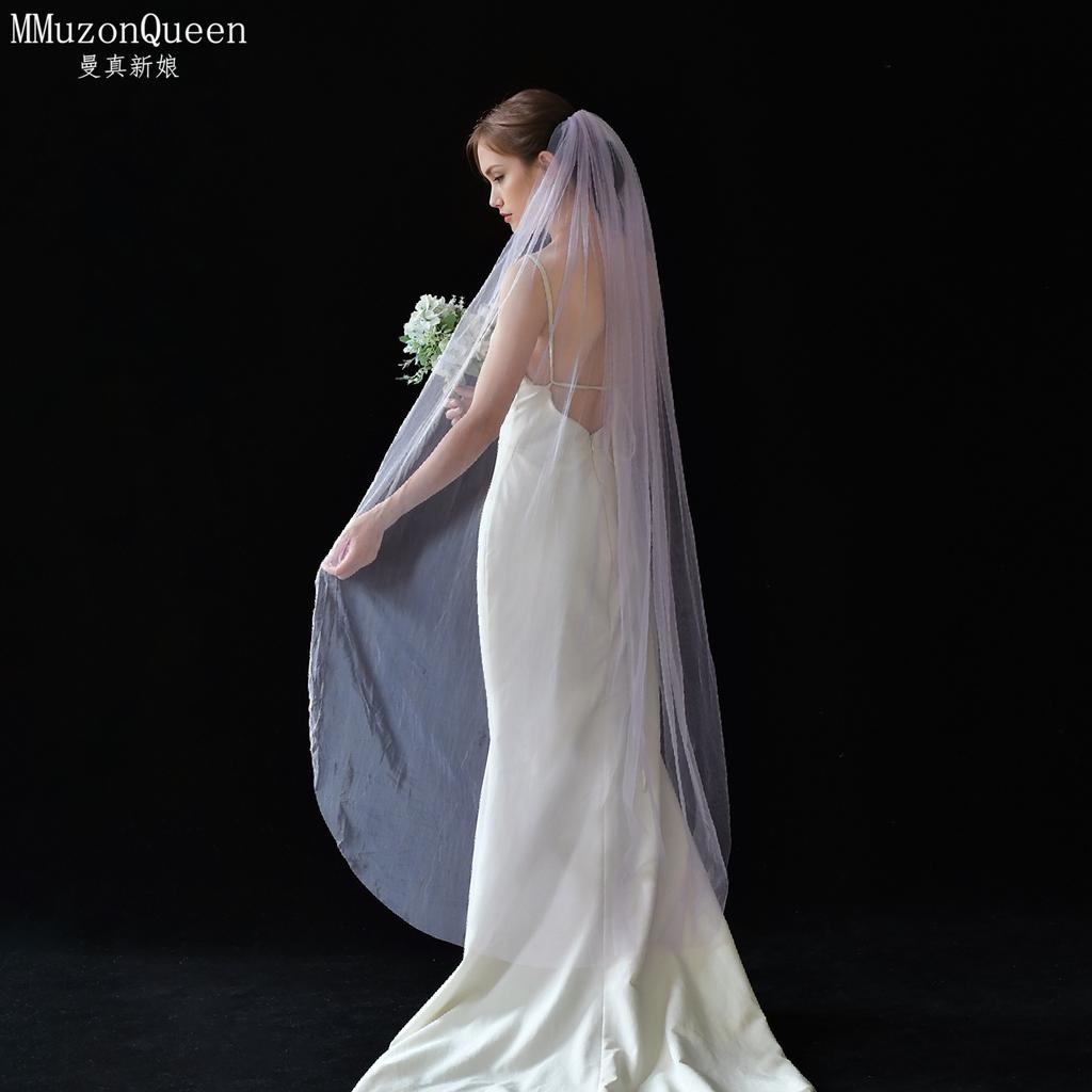 Plain Solid Color Tulle Bridal Veil Single Layer Soft Flowy Simple Wedding Veil White Lavender Light Blue Floor Length Veil For Bride Elopement Shoot
