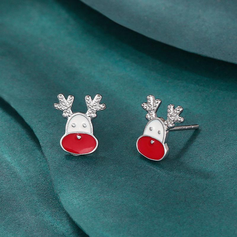 European & American Christmas-Themed Red Enamel Reindeer Santa Claus Stud Earrings for Women