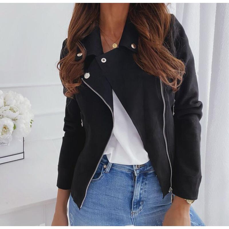 

Осіння жіноча куртка з асиметричною блискавкою Осіння жіноча мотоциклетна замшева приталена однотонна коротка куртка для велоспорту L чорний