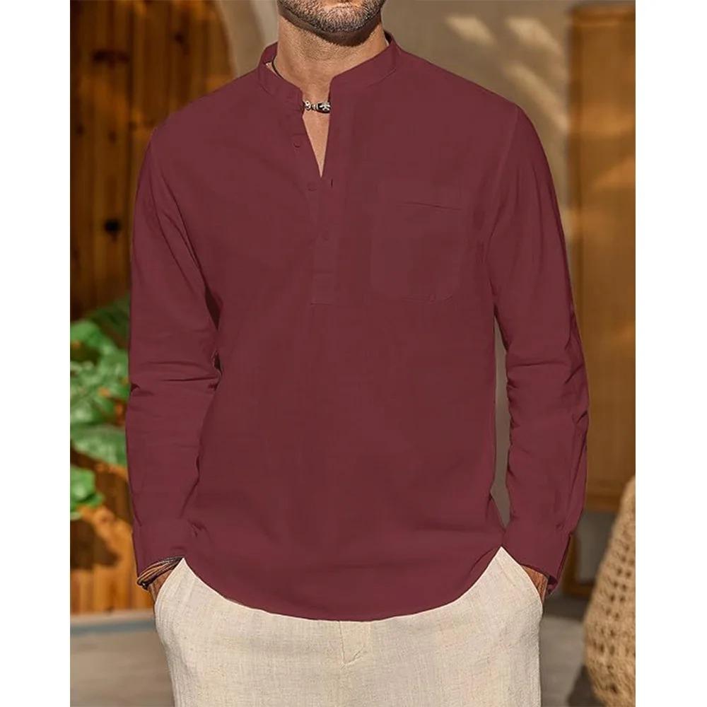 Baumwoll-Leinen-Hemden für Herren, Freizeithemd, leichtes Urlaubshemd, langärmelig, Henley-Kragen, Strandhemd, Hawaii-T-Shirt für Herren