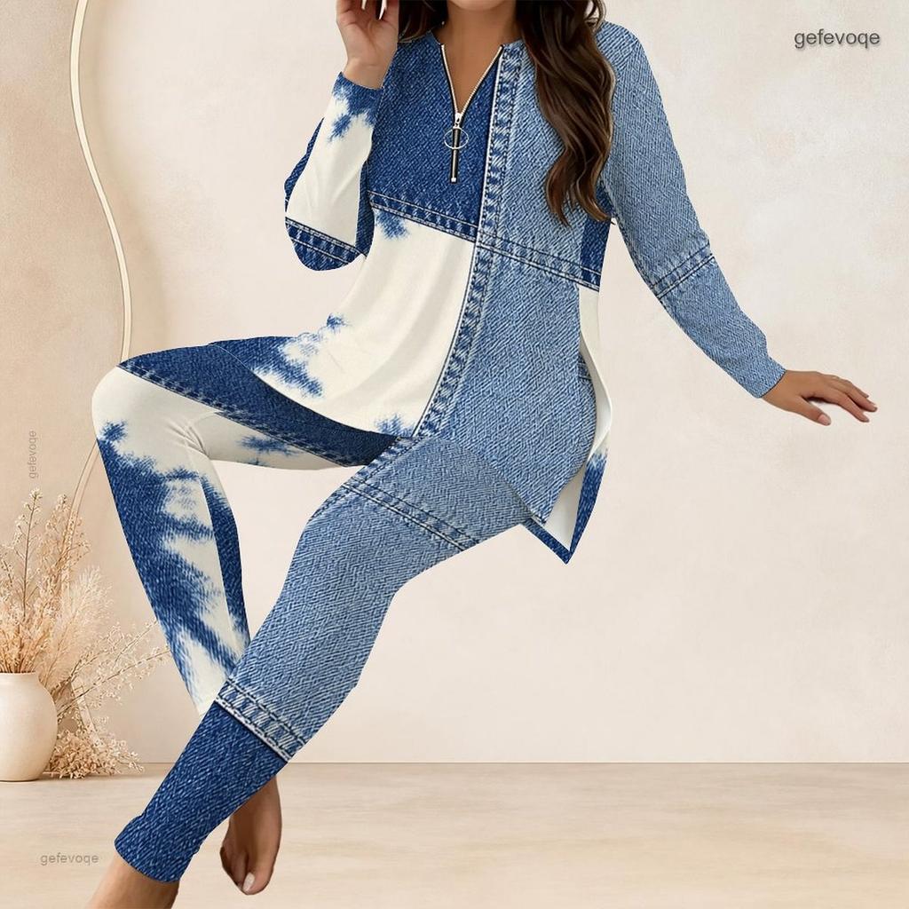 Women Plus Size Half Zip Long Sleeve Printed Longline Top And Fitted Pants Two Piece Set