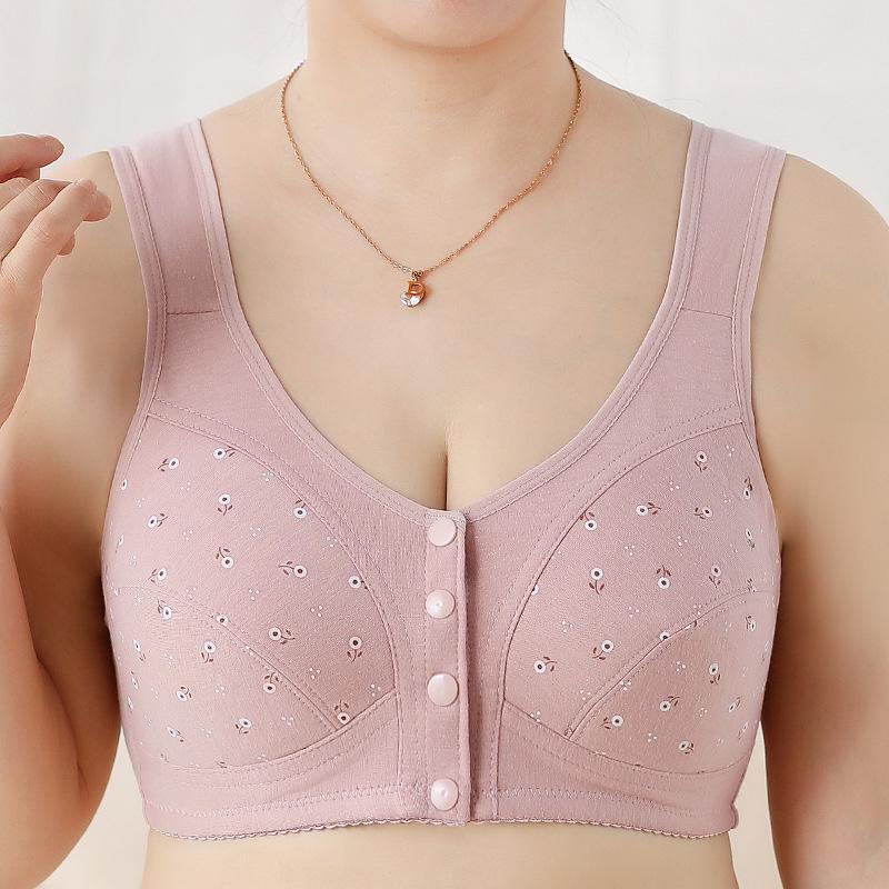 New printed front buckle underwear women's soft cotton vest type middle-aged and elderly bra large size steel-rimless underwear