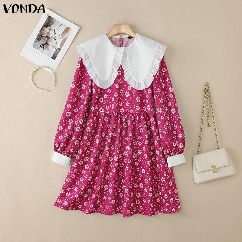

VONDA Женское повседневное платье с кукольным воротником, цветочным принтом, пэчворком, длинным рукавом, элегантное 5XL темно-розовый