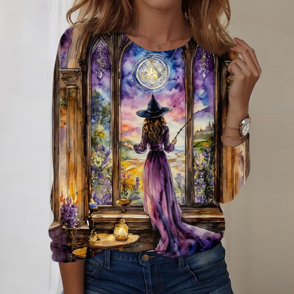 Women's Halloween Print Long Sleeve Neck Loose Fit Tunic Top for Fall Casual Outfits