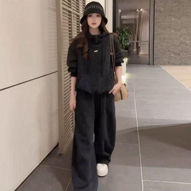 

Elegant Leopard Print Hooded Sweatshirt and Wide-Leg Pants Set - Spring/Autumn Casual Wear M