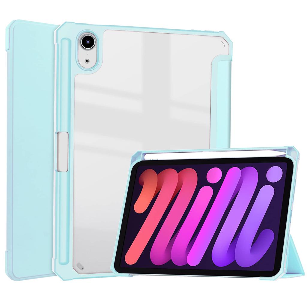 For iPad Mini 7 6 8.3'' with Pencil Holder-[Tri-fold Stand + Auto Wake/Sleep], High-grade Acrylic Case Transparent Back Cover