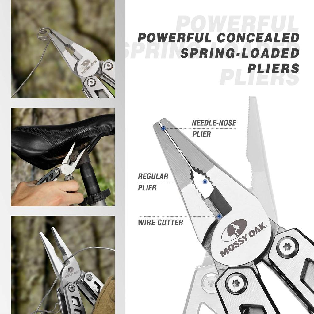 MOSSY OAK Pliers with Outdoor with Wire Tape Can Bottle and Driver Includes Pouch and Locking Perfect for and Emergency Preparedness Multi-Function