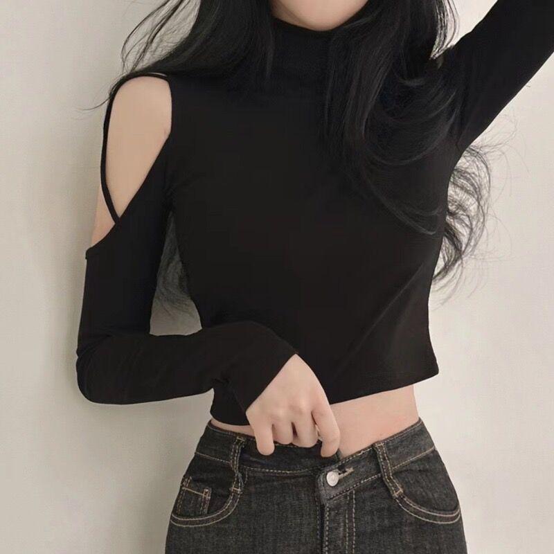 Spice Girl Off-Shoulder High Neck Pile Neck Short Skinny Long Sleeve T-Shirt Women's Slim Sexy Navel Hollow Chic Top