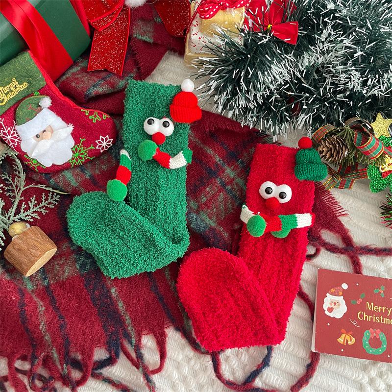 Cute Cartoon Christmas Gift Coral Fleece Mid Tube Socks Christmas Socks Children Funny Big Eyes Holding Hands Socks