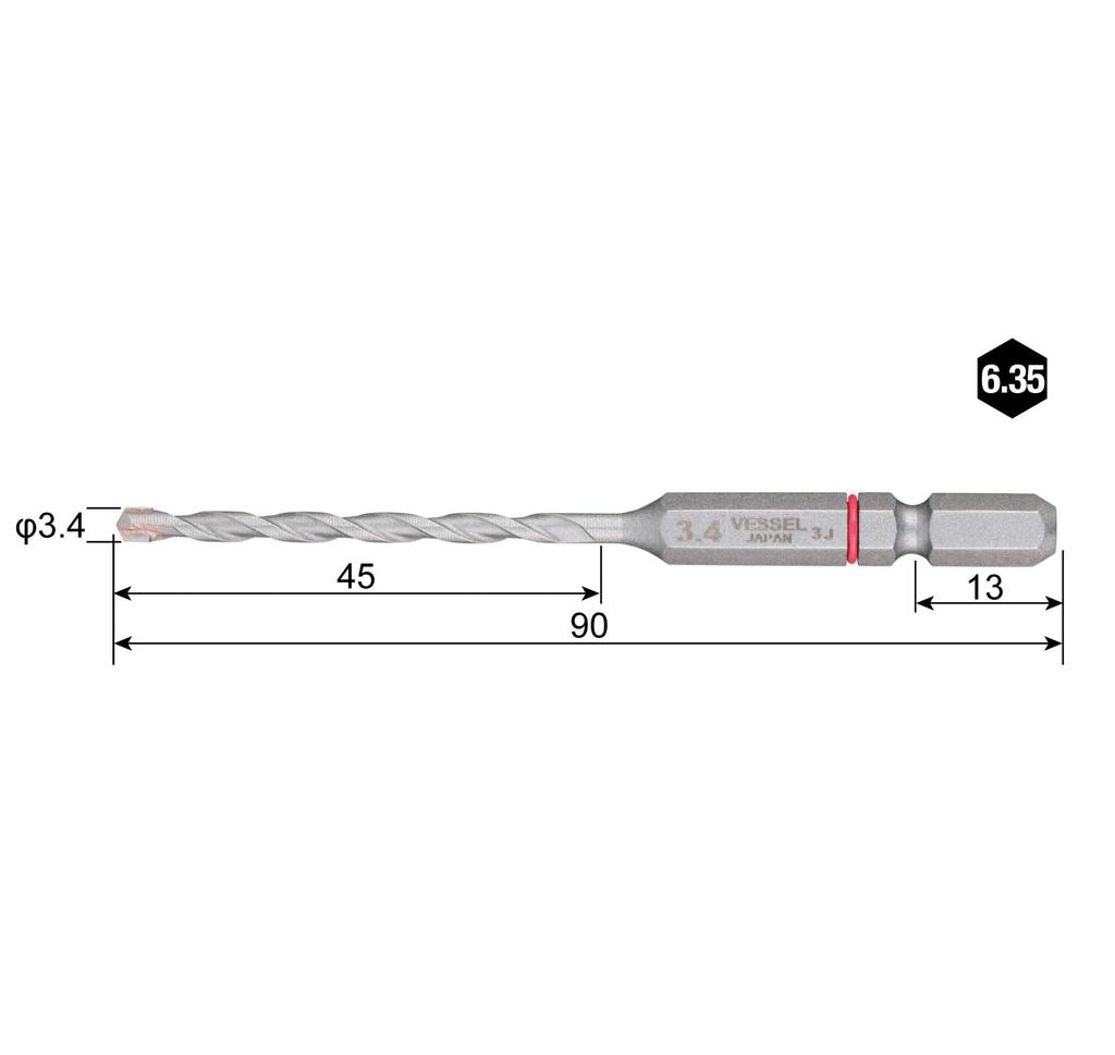 VESSEL Cushion Drill for Concrete, 3.4mm Diameter, 3-Piece Set, CCD3S-3.4