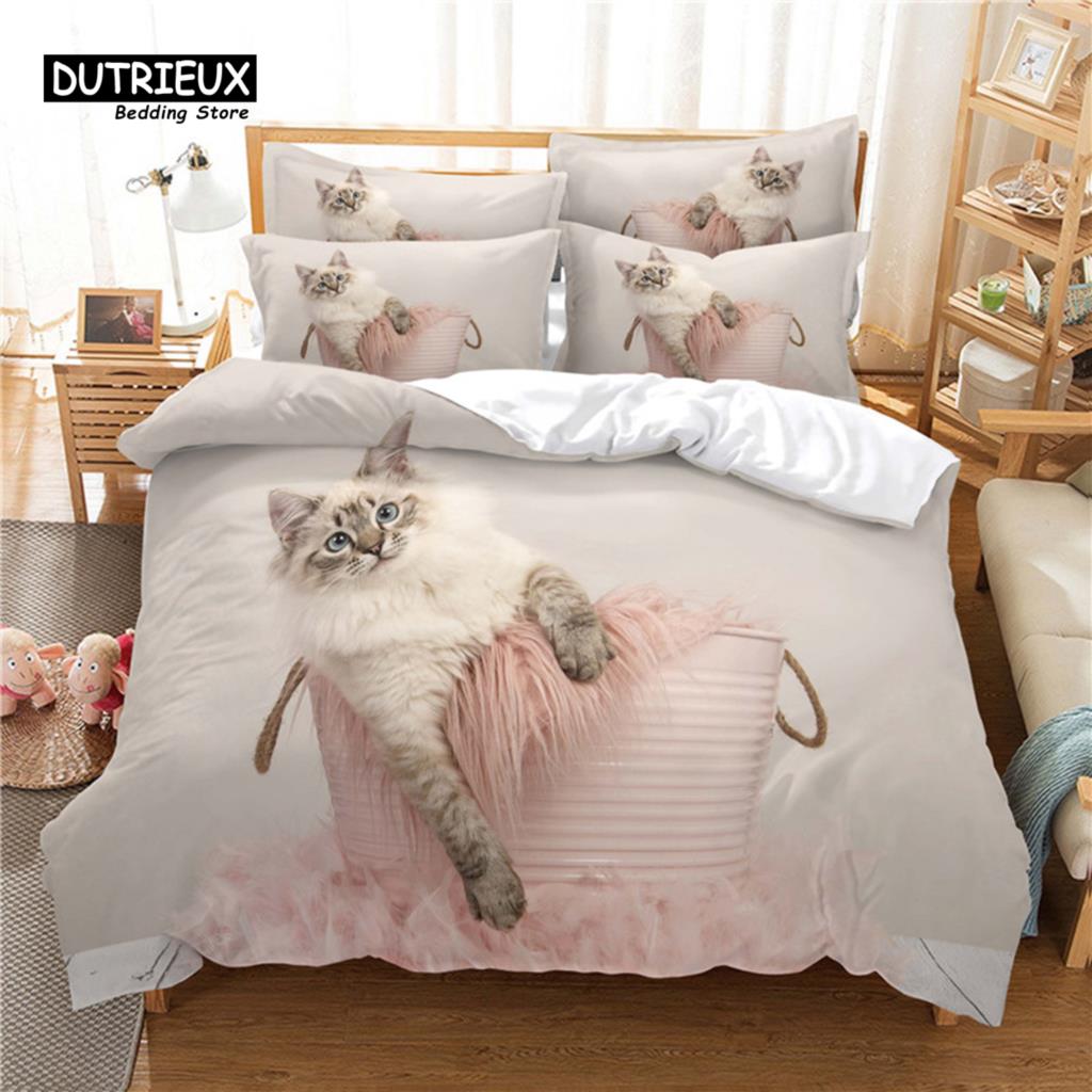 Funny Cat Duvet Cover Microfiber Pet Bedding Set Full King For Kids Child Cat Lovers Decor Cute Animal Quilt Cover Pillowcases
