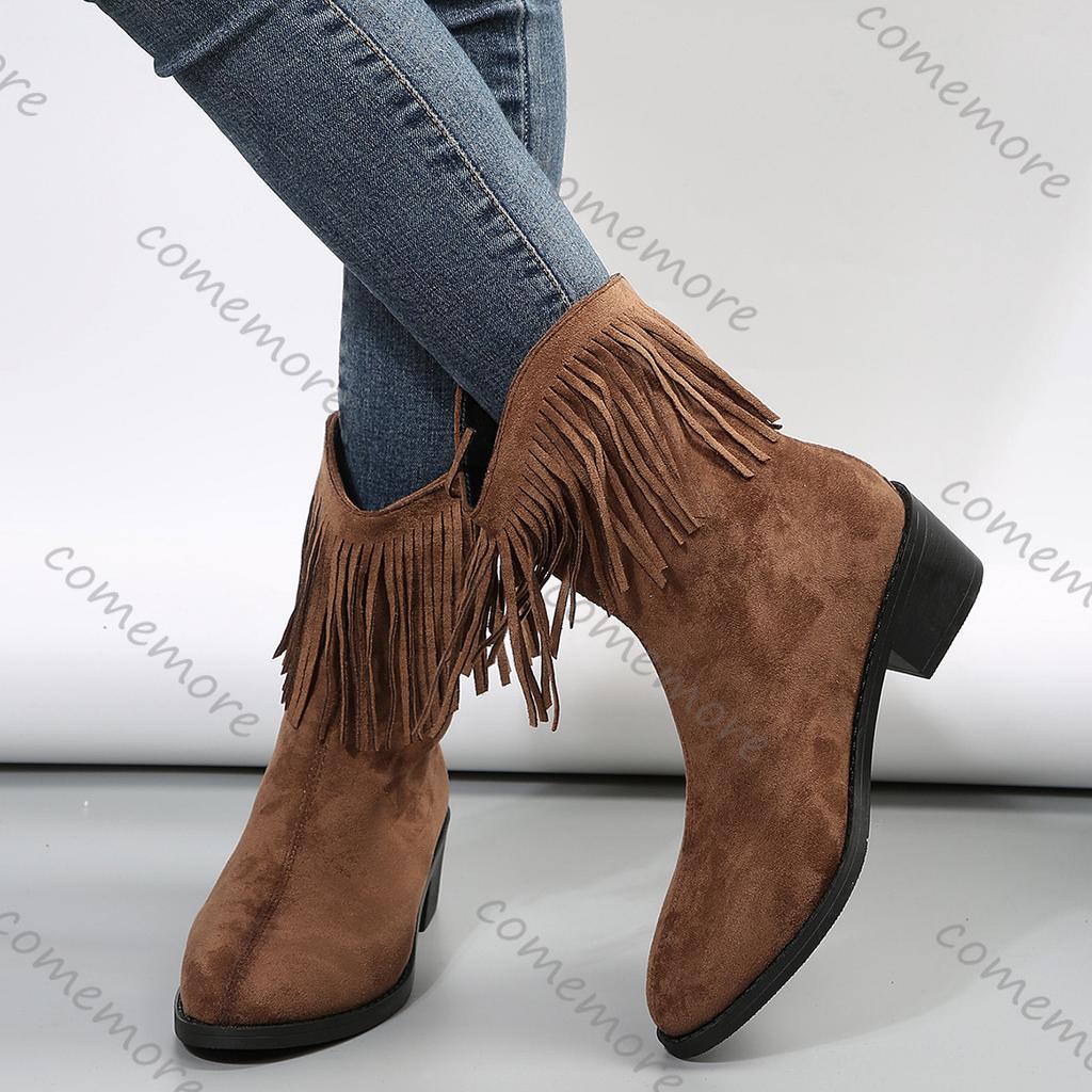 Fashion Comemore Suede Black Brown Tassels Western Knight Boots Women Autumn Winter Thick Middle Heel Cowboy Botas Fashion Women's Shoes