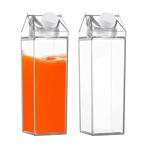 Qkbuza 2-Piece Milk Carton-Shaped Drink Bottle, Clear Plastic, Large Capacity Water Bottle for Direct Drinking, Leak-Proof, Portable Square Breast Mil