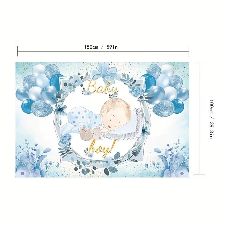 2D Baby Boy Watercolor Backdrop Blue Floral & Balloon Gender Reveal Photo Background