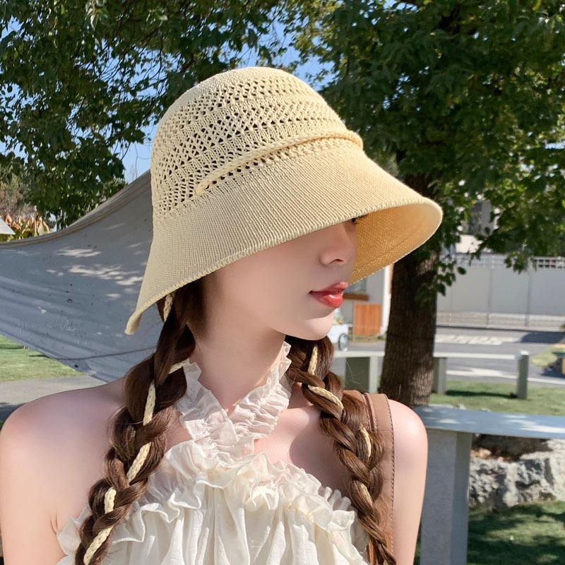 Hollow Bucket Hat Women's Summer Sunscreen Knitted Hat Basin Hat Large Brim Sun Hat Rear Split Tide