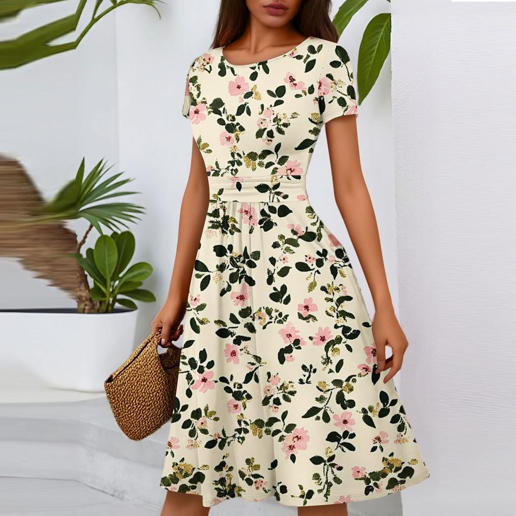 Women's Casual Fashion Round Neck Pleated Short Sleeve Floral Print A-Line Midi Dress