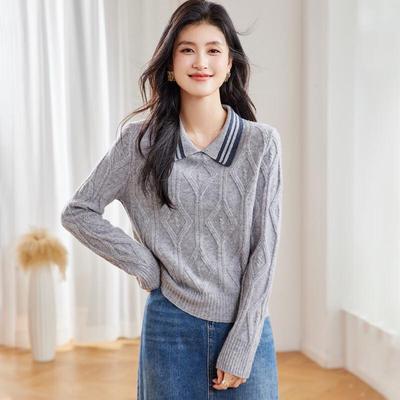 Jinjv Women's 100% Merino Wool Colorblock Lapel Sweater