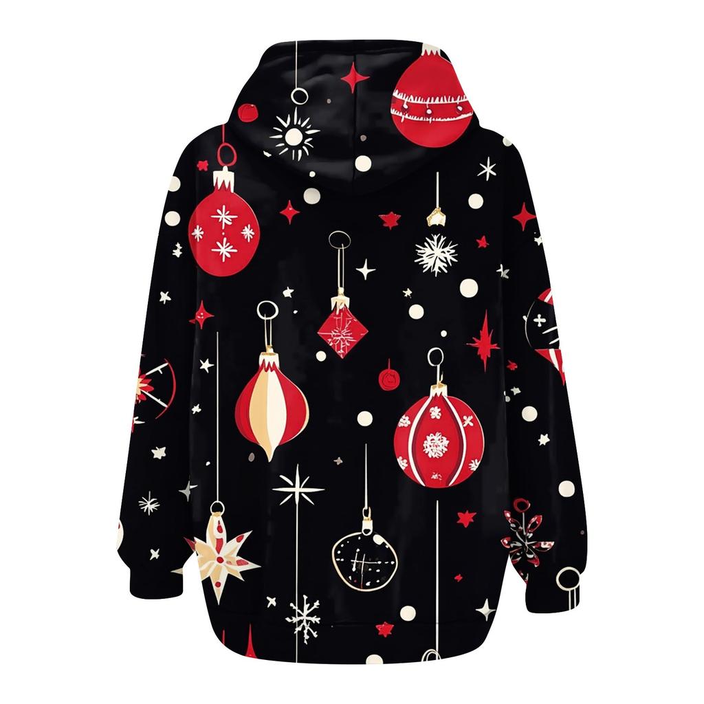 Women's Long Sleeve Christmas Print With Pockets Cardigan Zipper Hooded Sweatshirt Jacket