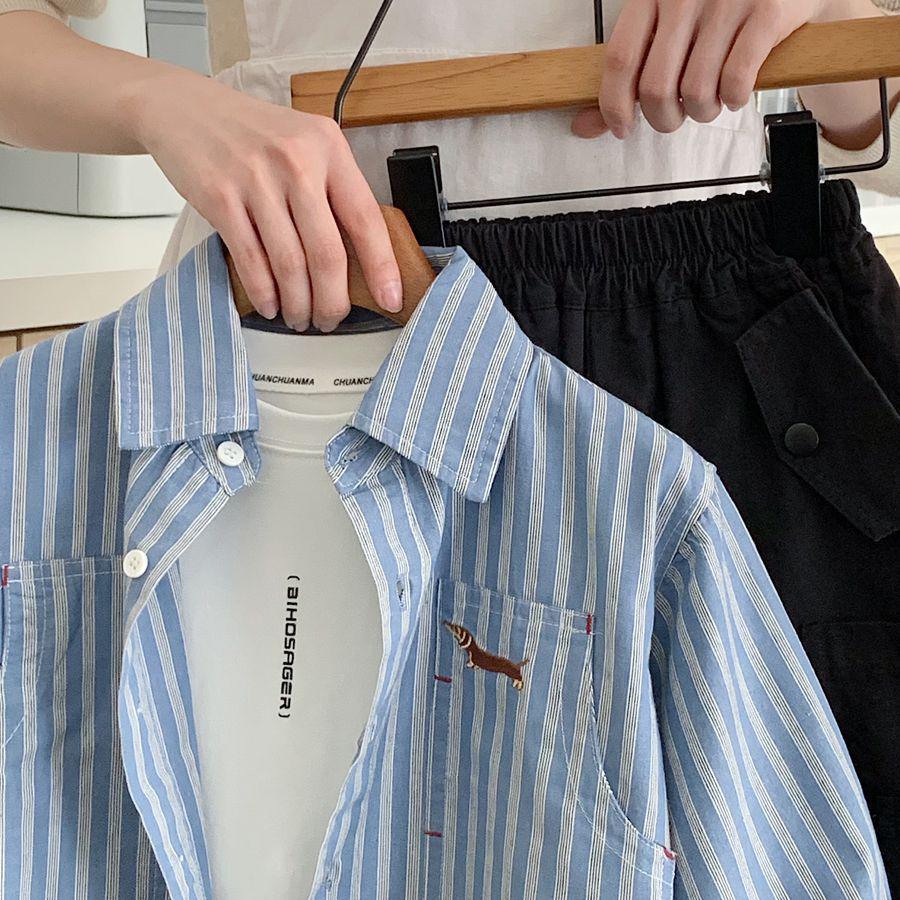 Autumn 2025 Boys' Striped Embroidered Cardigan Shirt - Versatile Casual Kindergarten Style