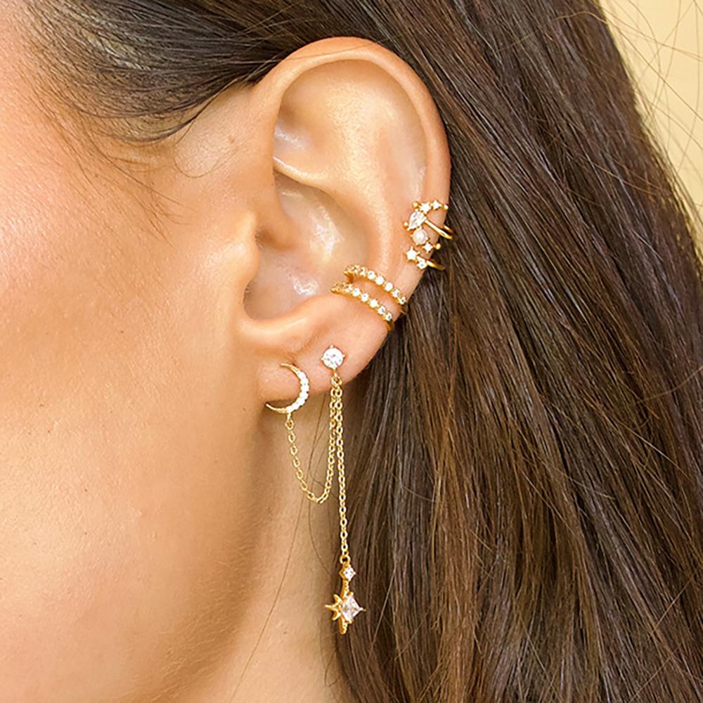 Design Stainless Steel Cubic Zirconia Star Moon Dangle Earrings Personality Chain Drop Earring Ear Clips Piercing Jewelry