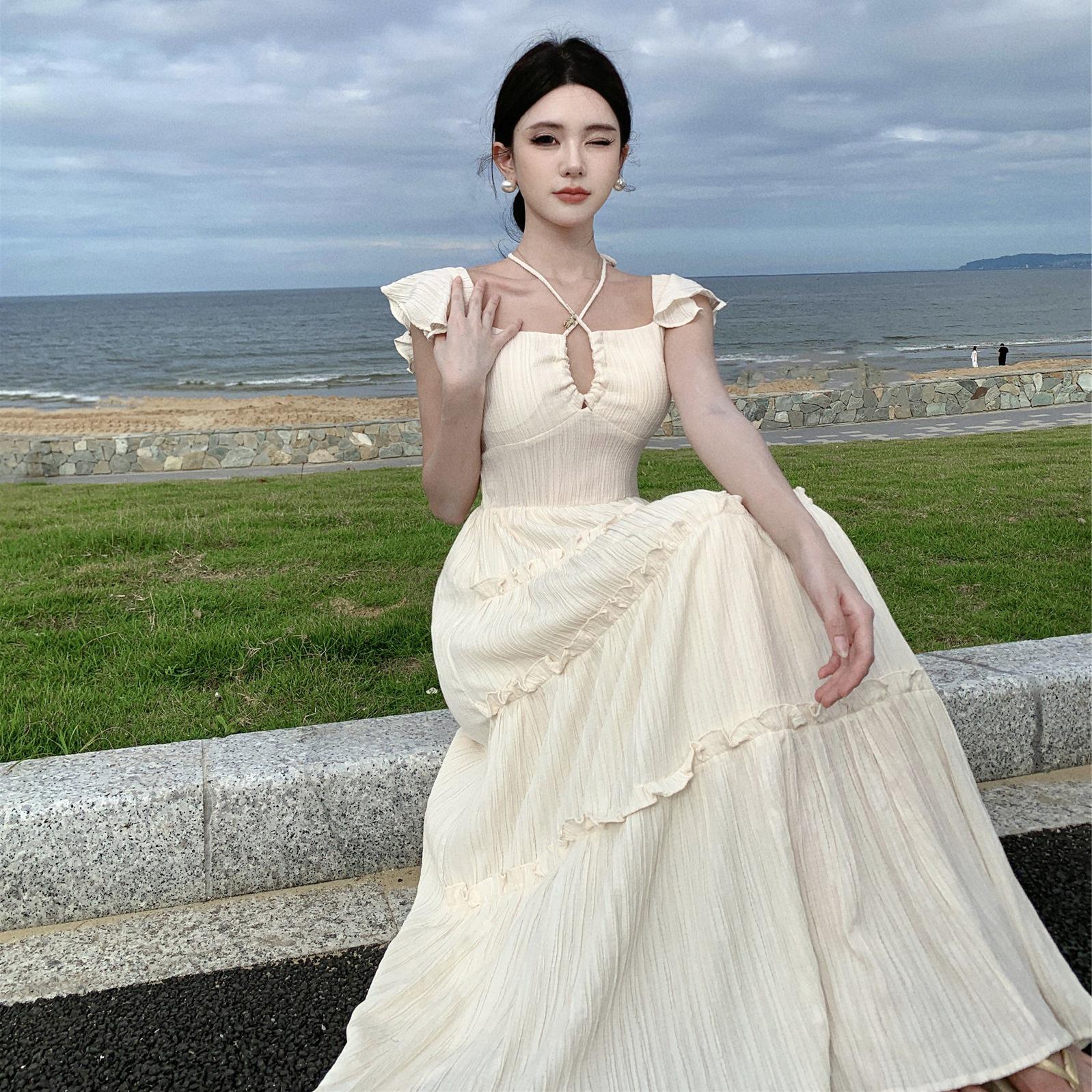 

First Love Ruffle Trim Letter Print Maxi Dress with Neck Tie and Waist-Defining Fit L