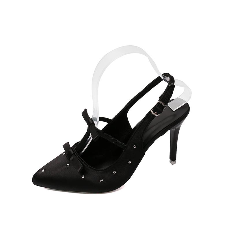 

Модные сандалии-стилетто с головой Бао, летний новый стиль, остроносые, с мелким вырезом, с бантом-бабочкой и заклепками, фиксирующие стопу, нескользящие, на высоком каблуке 42 чёрный