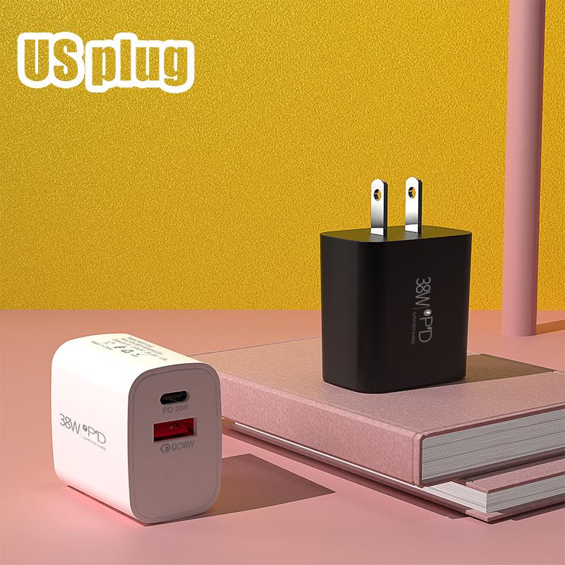 

38W PD+USB Charger with EU/UK Plug, TYPE-C+USB Ports, 5V/2A for Mobile Devices