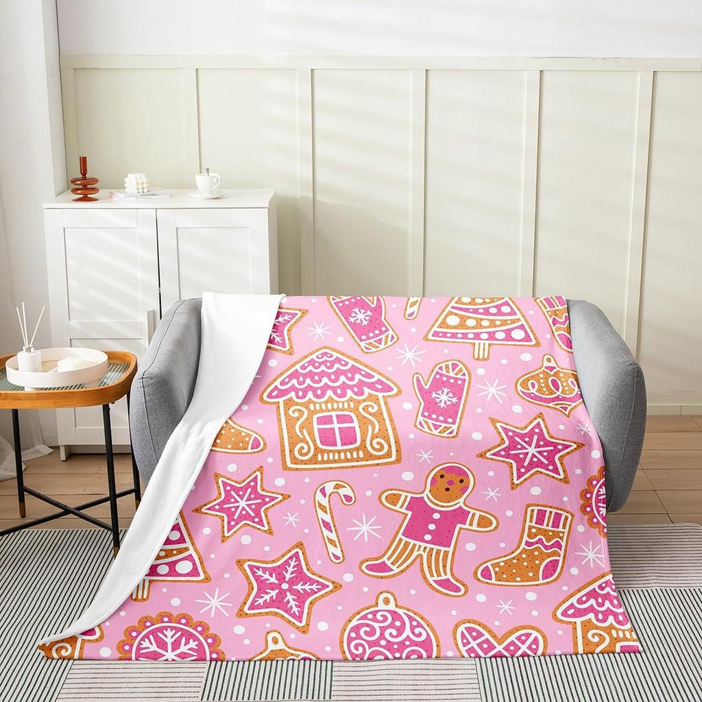 Christmas Gingerbread Man Digital-printed Polyester Bedroom Velvet Flannel Cover Blanket Fleece Soft Cover Blankets for Beds