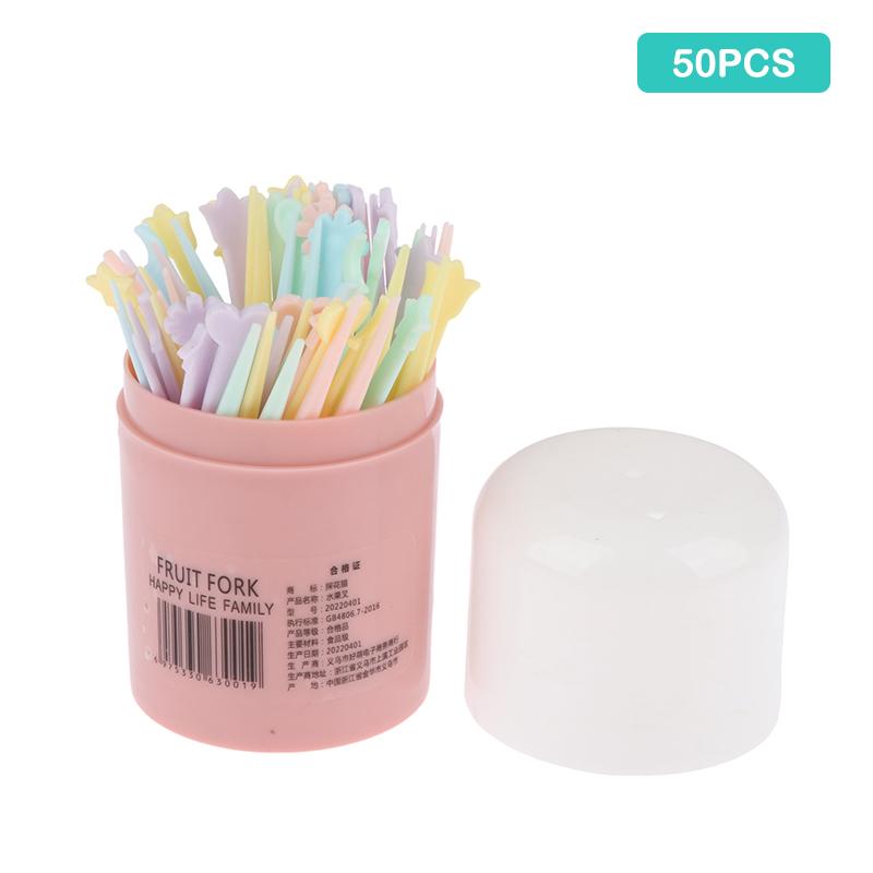 

50 шт./набор вилок для фруктов конфетного цвета, мини-фруктовые палочки, пластиковые вилки для закусок и десертов розовый