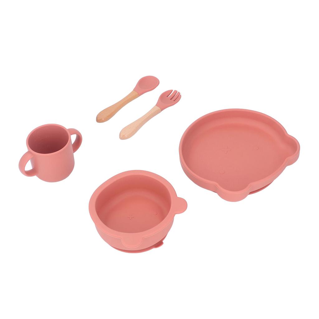 Baby Feeding Set Cute Bear Shape Soft Safe Silicone Toddler Suction Plate Bowl Cup Fork Spoon Set for Weaning