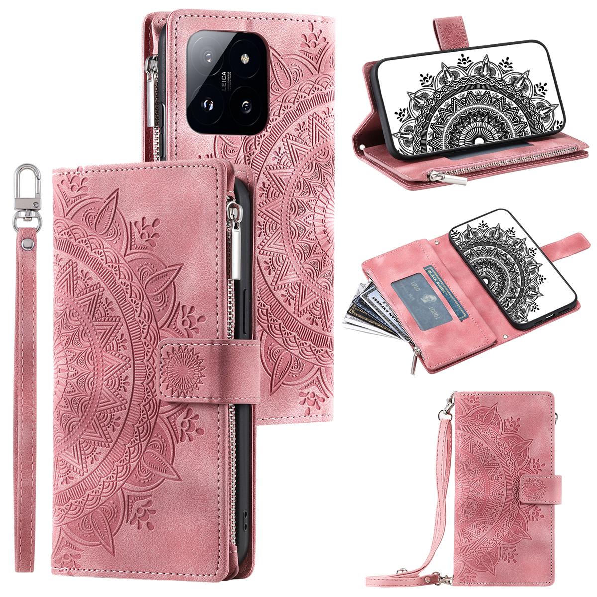 

Style 006 For Xiaomi 14 Pro Case Leather Wallet Cover with Hand Strap and Shoulder Strap Rose Gold