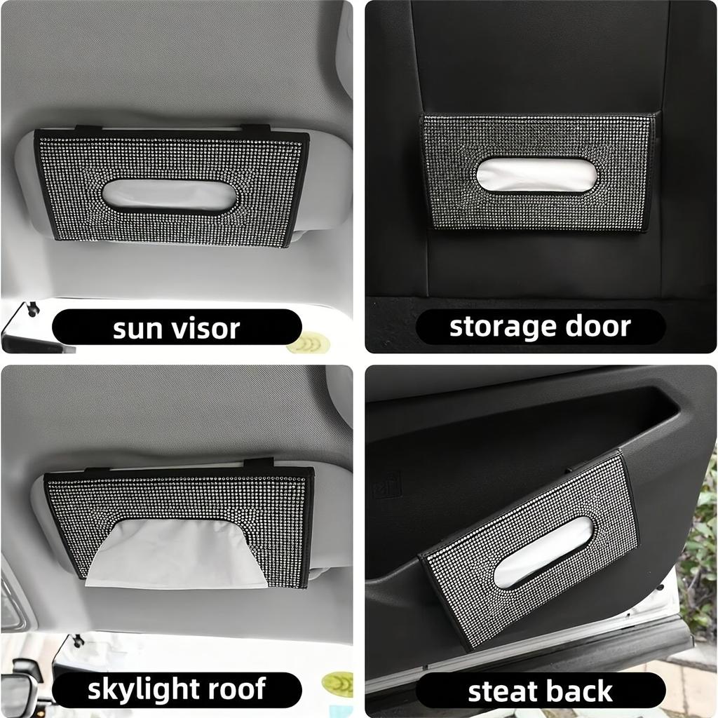 1pc Car Tissue Box, Car Sun Visor Tissue Storage Box, Glitter Rhinestone Tissue Bag, PU Leather Artificial Crystal Tissue Box