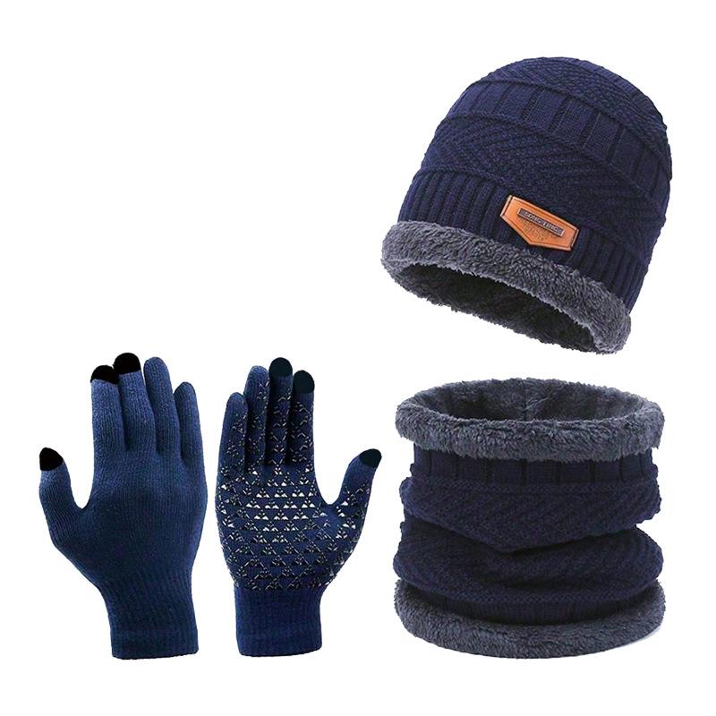 Three Piece Knitted Hat, Winter Warm Hat, Anti Slip Touch Screen Gloves with Thick Woolen Yarn, Scarf Hat