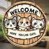 Dekorativt hengeskilt i tre, velkommenskilt, Mønsteret er tre søte katter, innendørs- eller hagedekorasjoner, 2D flat anheng, innflyttingsgaver til venner