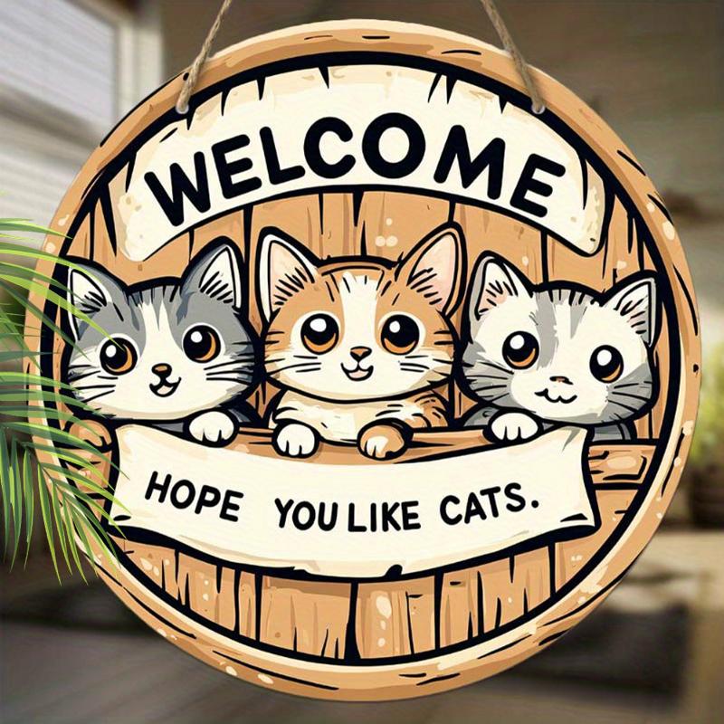 Dekorativt hengeskilt i tre, velkommenskilt, Mønsteret er tre søte katter, innendørs- eller hagedekorasjoner, 2D flat anheng, innflyttingsgaver til venner