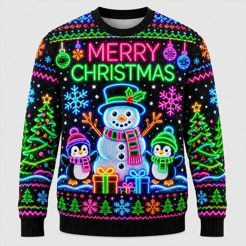 Maglione Brutto di Natale con Stampa al Neon per Uomo Moda Festiva Manica Lunga Felpe per Riunioni Pullover Oversize Casual