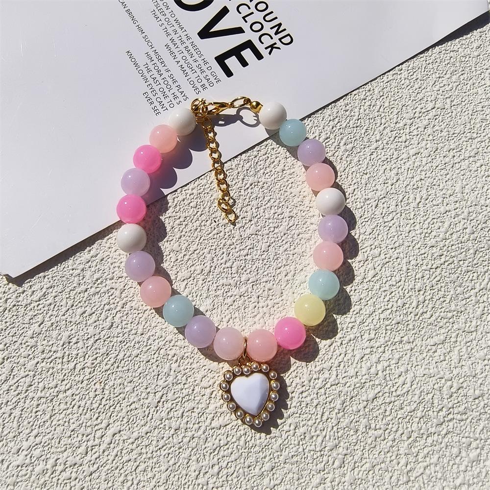 Personalized cat and dog pet handmade necklace collar beaded rhinestone heart cute pearl pendant accessories princess style