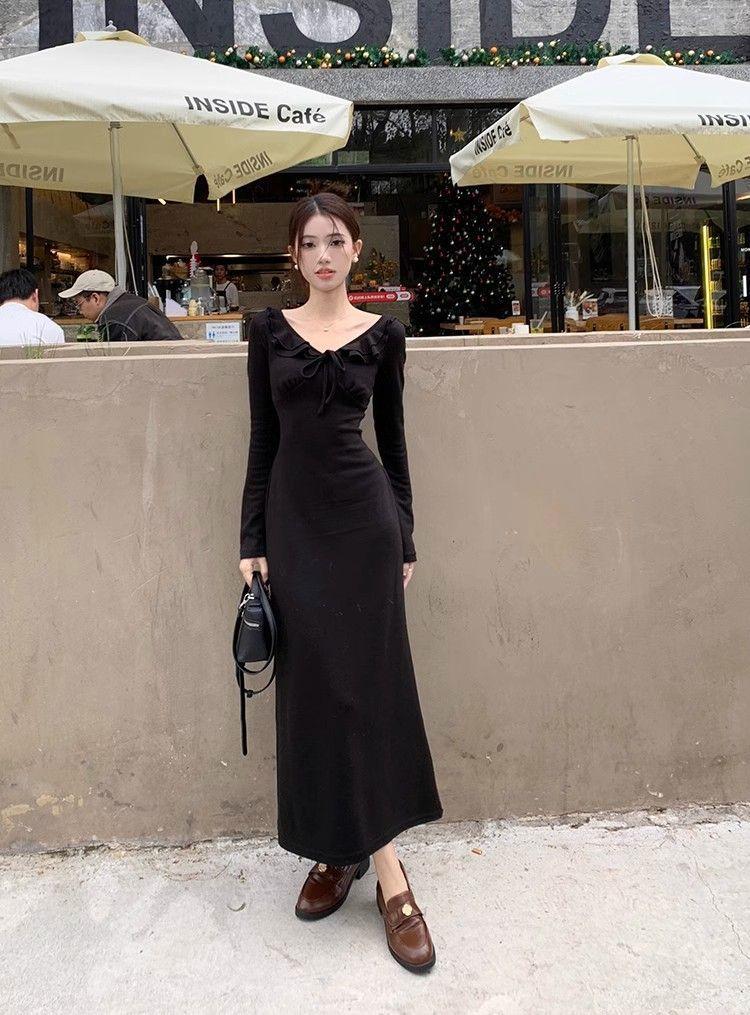 French gentle wind v-neck ruffle leaf edge dress women's clothing autumn and winter straps waist long sleeves temperament hip-wrapped dress