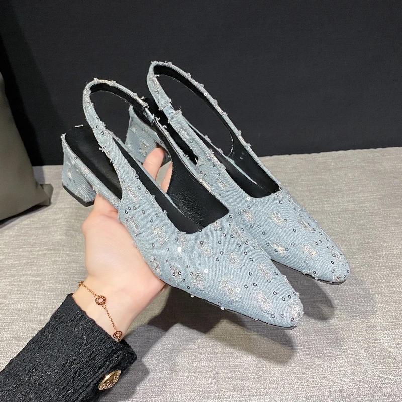 Fashion Sea Salt Blue Pointed High Heel Sandals for Women Back Hollow Half Headed Single Shoes Fashion Versatile Casual Shoes Heels