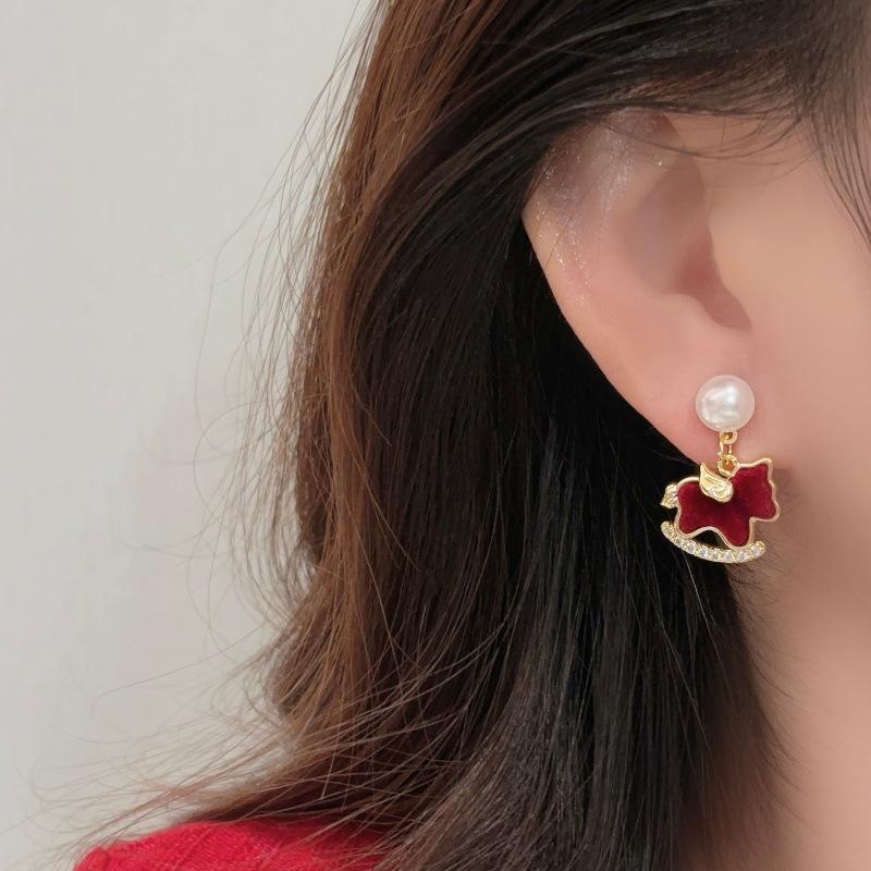 New Year Red Velvet Small Horse Pearl Earrings - Elegant Stud Earrings