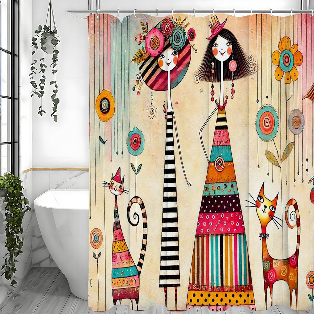 Cartoon Cute Girl Cat Flower and Grass Shower Curtain, Bathroom Decorative Shower Curtain, Waterproof Shower Curtain with Hooks