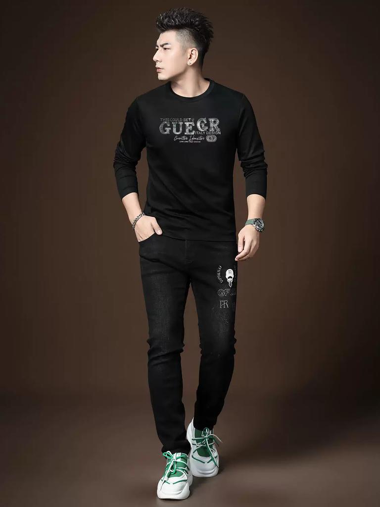 European Station 2025 Autumn New Trendy Rhinestone Long Sleeve T-Shirt Men's Round Neck Casual Top Warm T-Shirt for Men